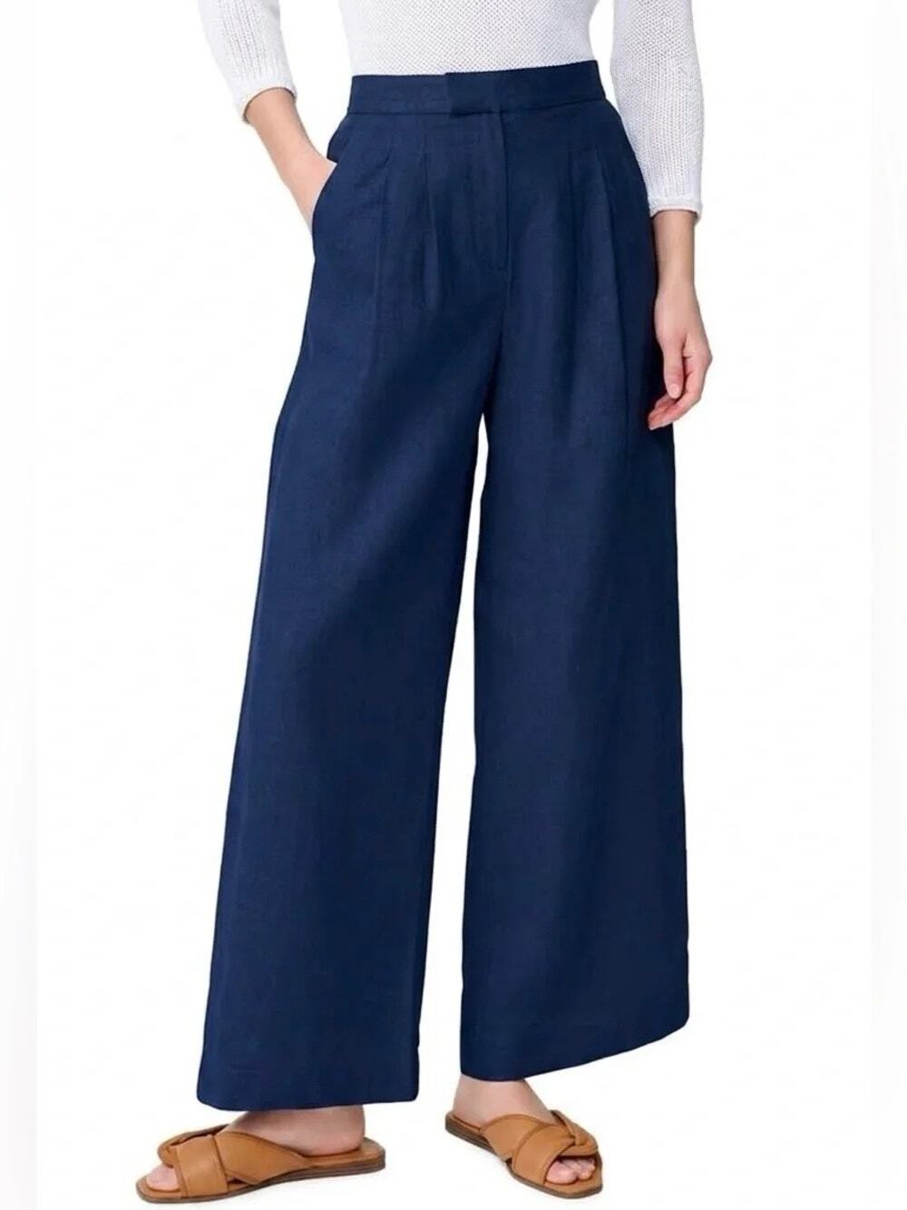 J. McLaughlin 2 dark navy blue high-waist wide-leg trousers Linen pants 30inseam